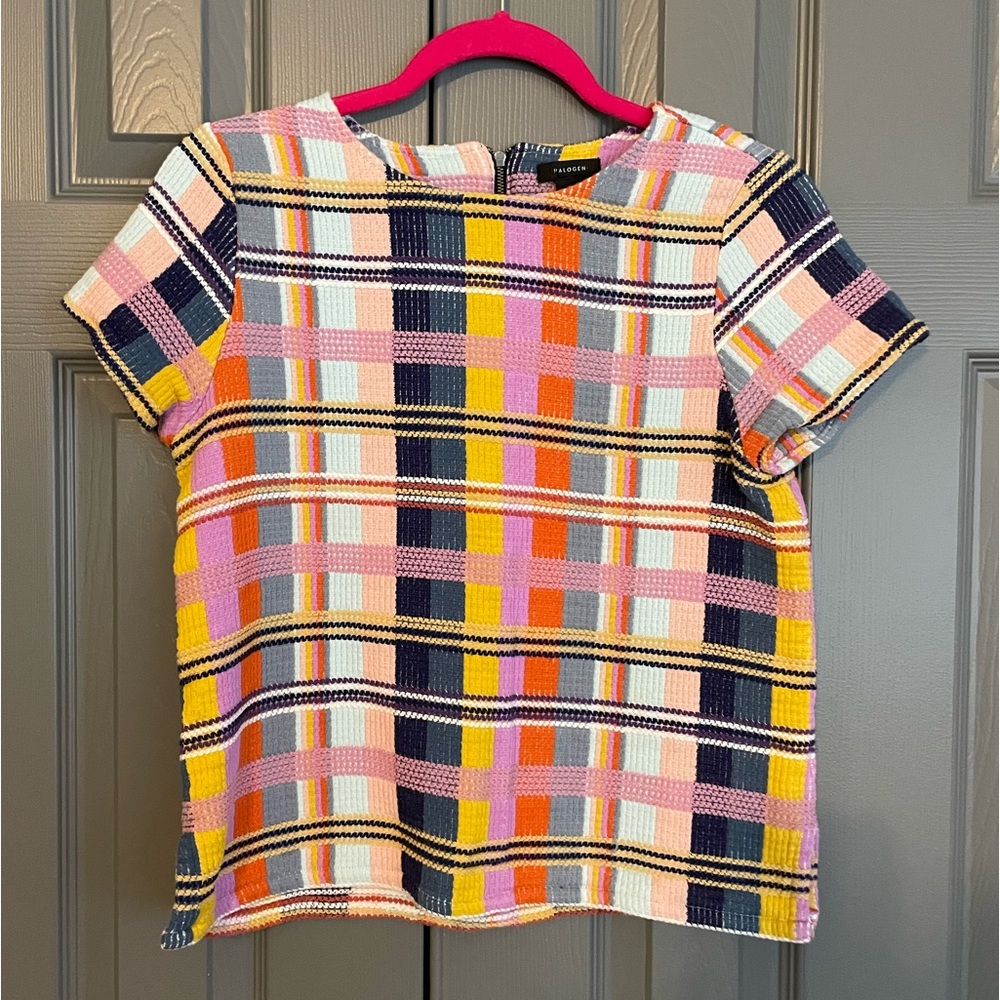 Halogen Multi colored striped plaid boxy top, perfect for spring